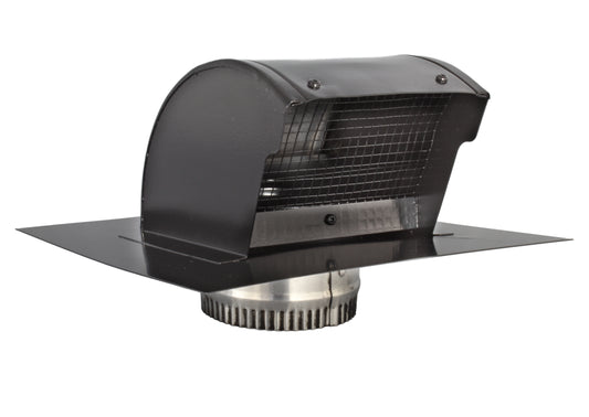 Gooseneck vent with damper and screen - aluminum roof exhaust vent designed for bathroom fans, kitchen exhaust systems, and dryer vents. The gooseneck roof cap features a hinged damper, removable bird screen, and durable rust-free aluminum construction for long-lasting performance.