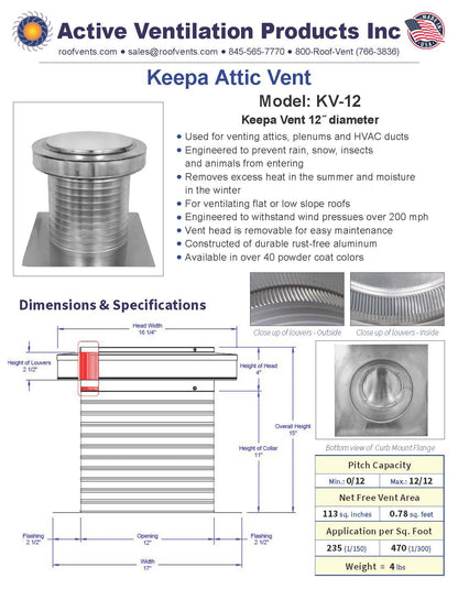 Model KV-12 | Keepa Vent | 12" Diameter | Flat Flange | 113 Sq. In. NFA