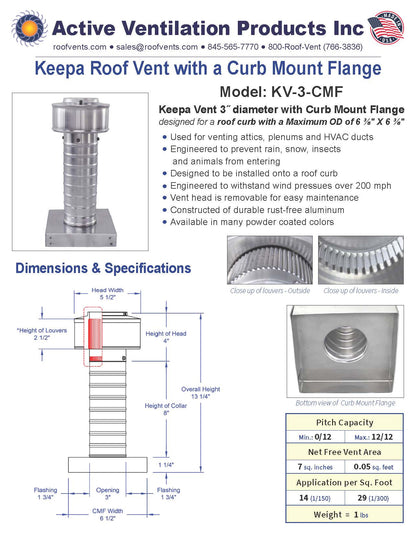 Model KV-3-CMF | Keepa Vent with Curb Mount Flange | 3" Diameter | Curb Mount Flange | 7 Sq. In. NFA