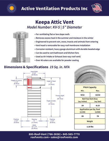 Model KV-5 | Keepa Vent | 5" Diameter | Flat Flange | 19 Sq. In. NFA