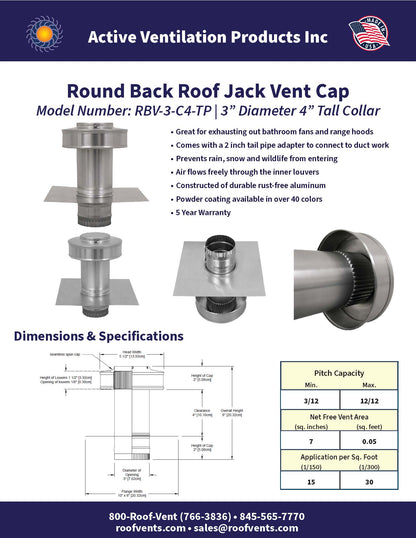 Model RBV-3-C4-TP | Round Back Vent |  3" Diameter | 4" Tall Collar  | Tail Pipe