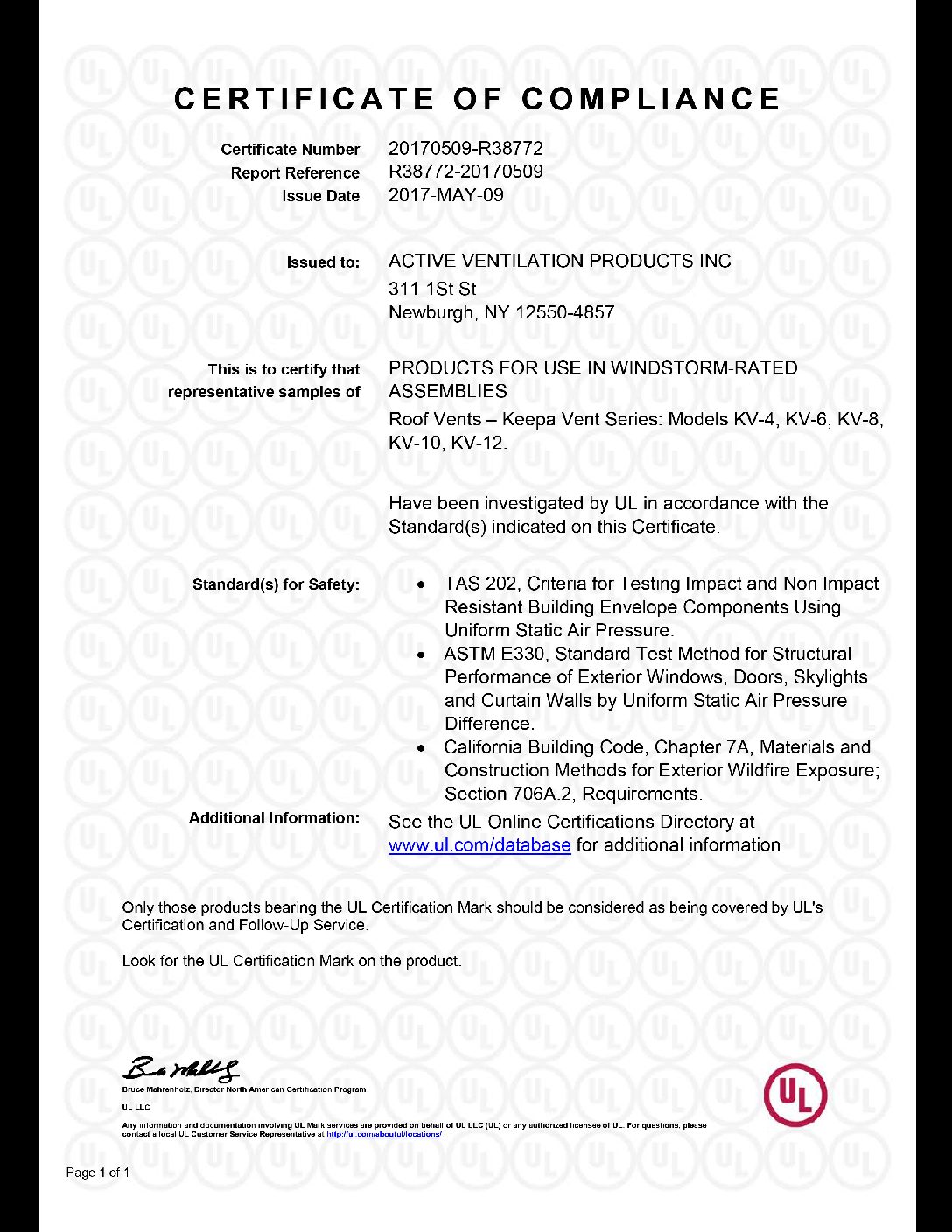 UL Certificate of Compliance Active Ventilation Products Keepa Vent