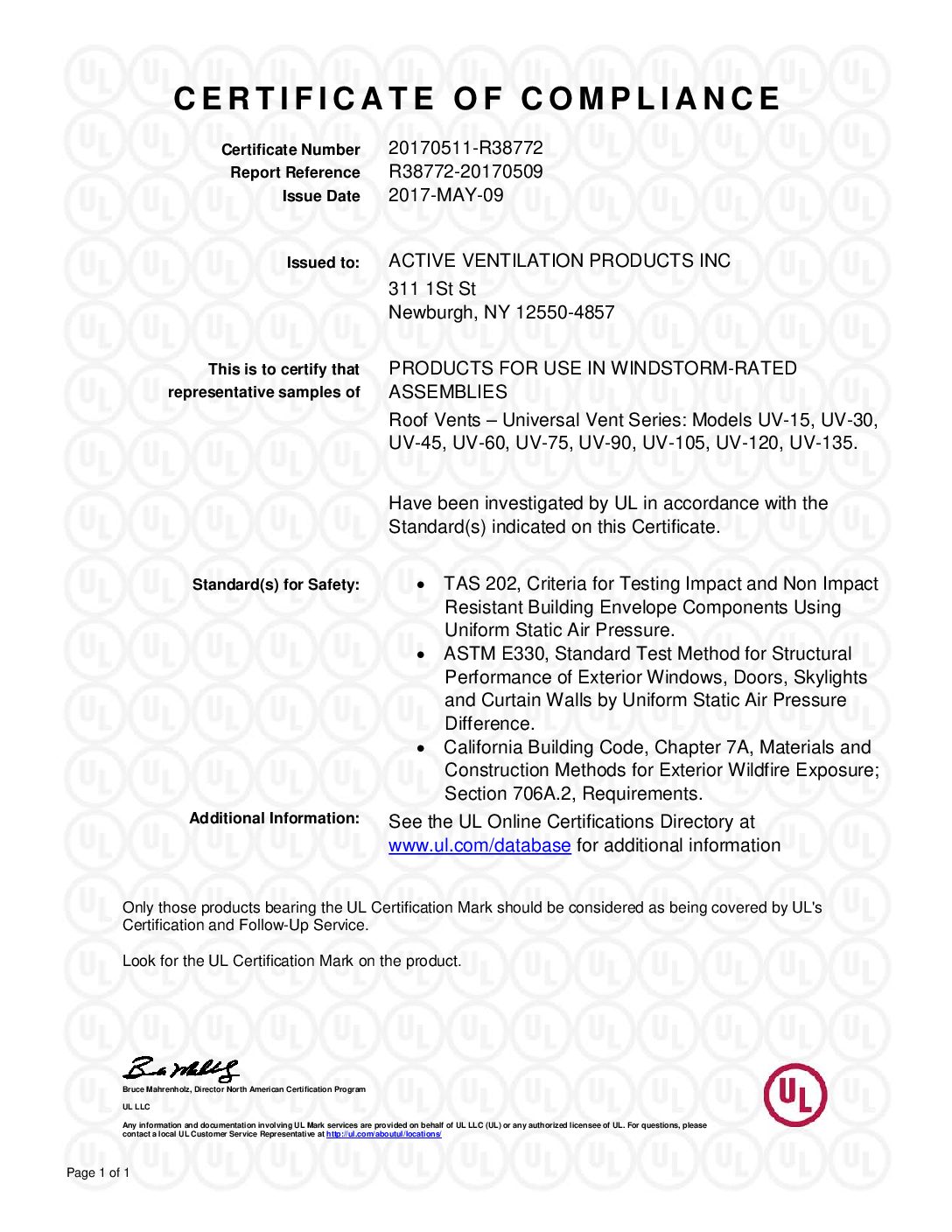 UL Certificate of Compliance Active Ventilation Products Universal Vent