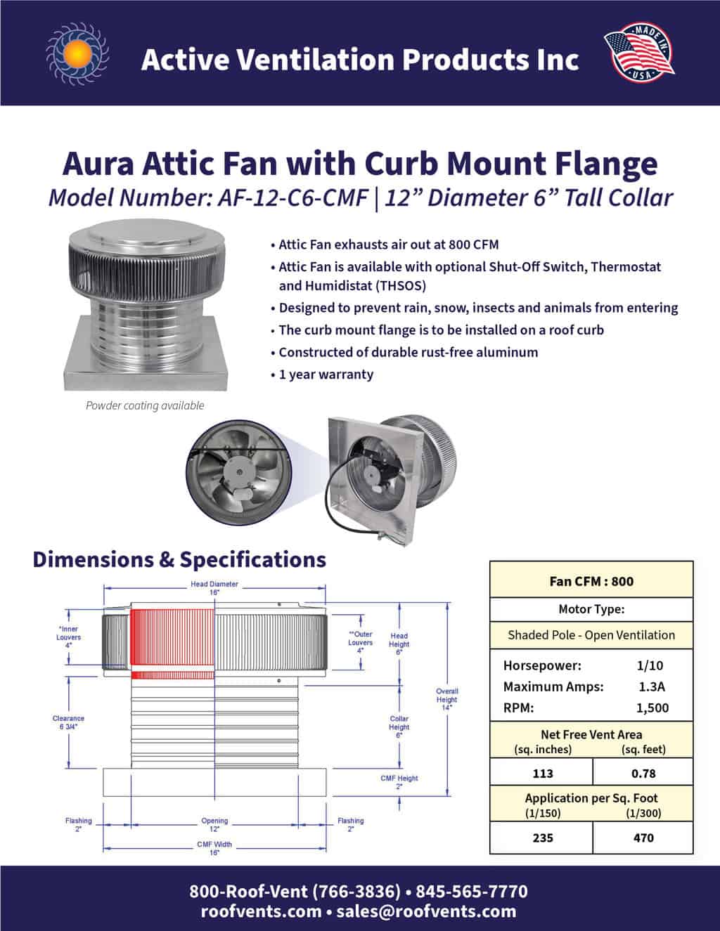 Dia Aura Exhaust Attic Fan 6 In Collar Details about   800 Cfm Power 12 In 
