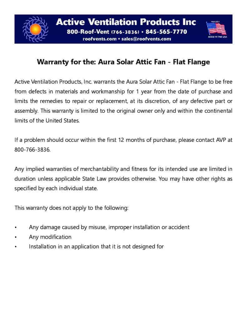 Warranty for the Aura Solar Attic Fan - Warranties