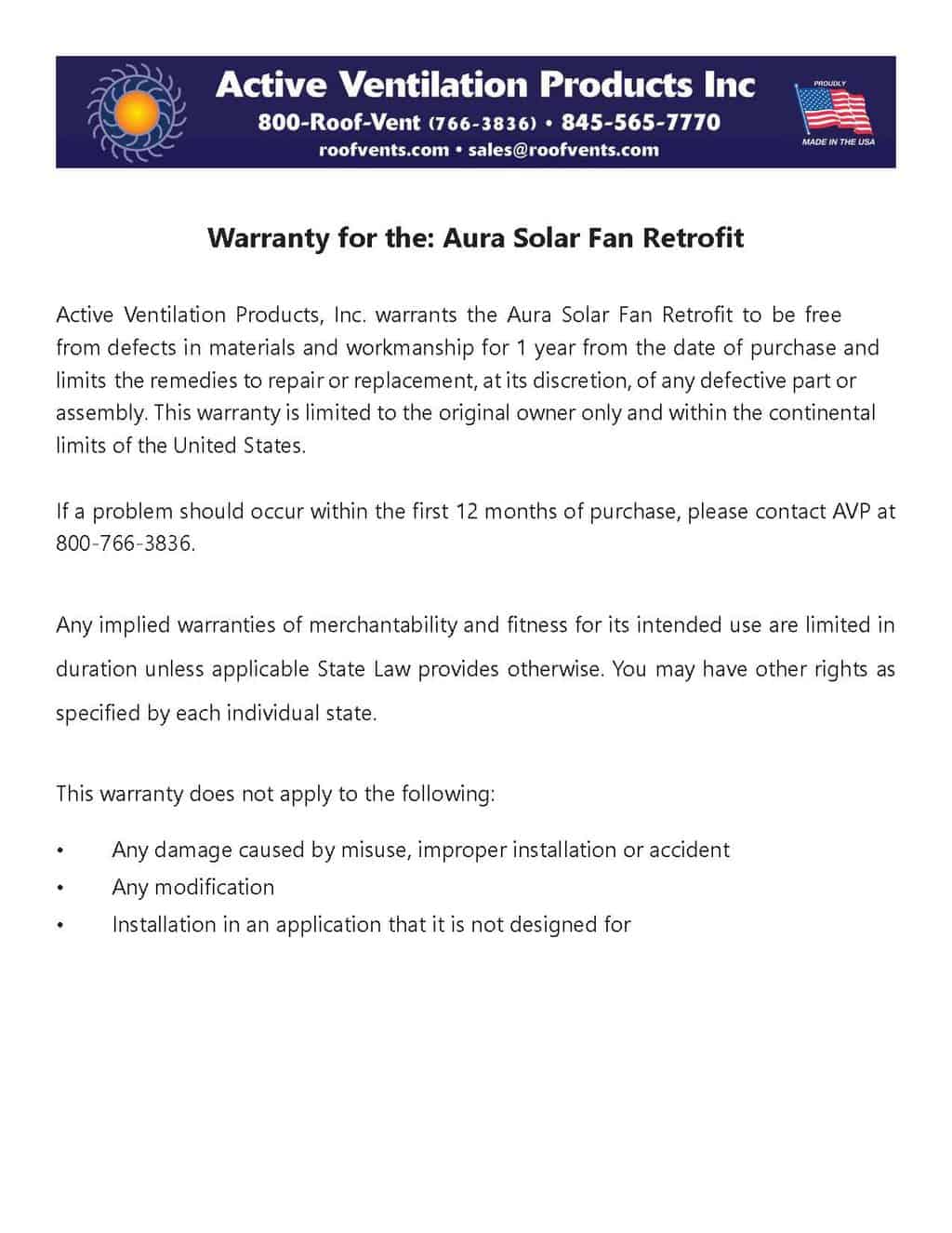Warranty for the Aura Solar Fan Retrofit - Warranties