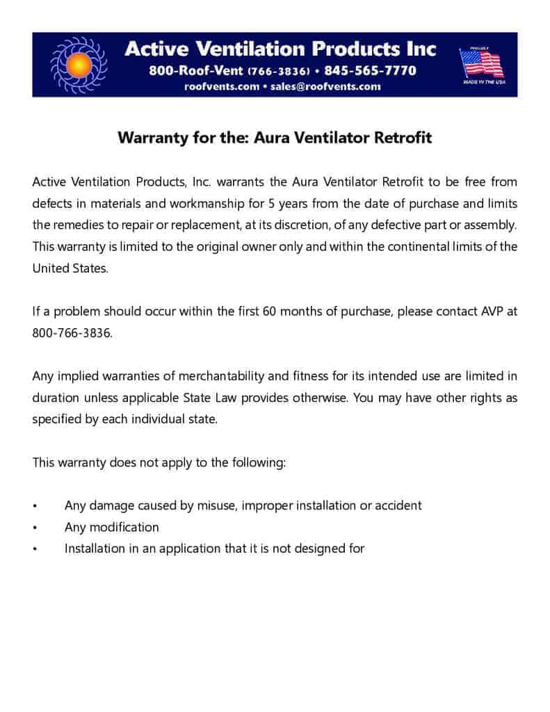 Warranty for Aura Gravity Ventilator