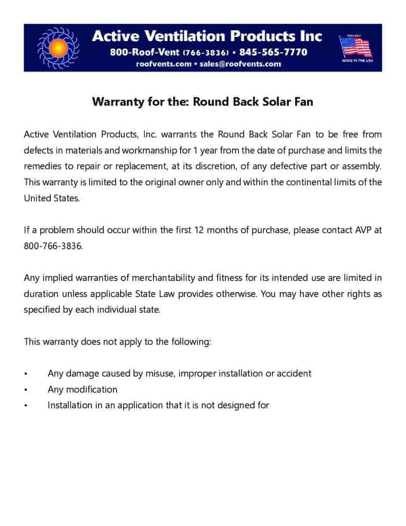 Warranty for Round Back Solar Fan - Warranties