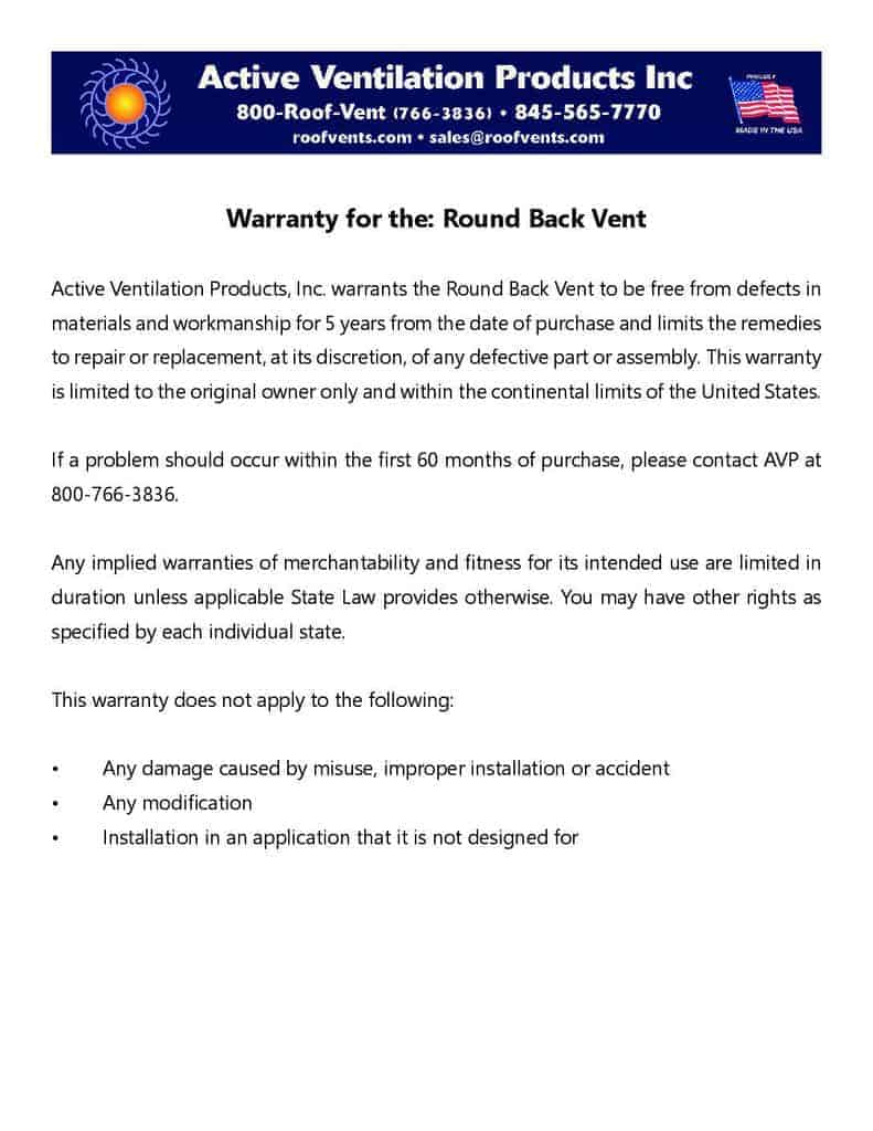Warranty for Round Back Vent - Warranties
